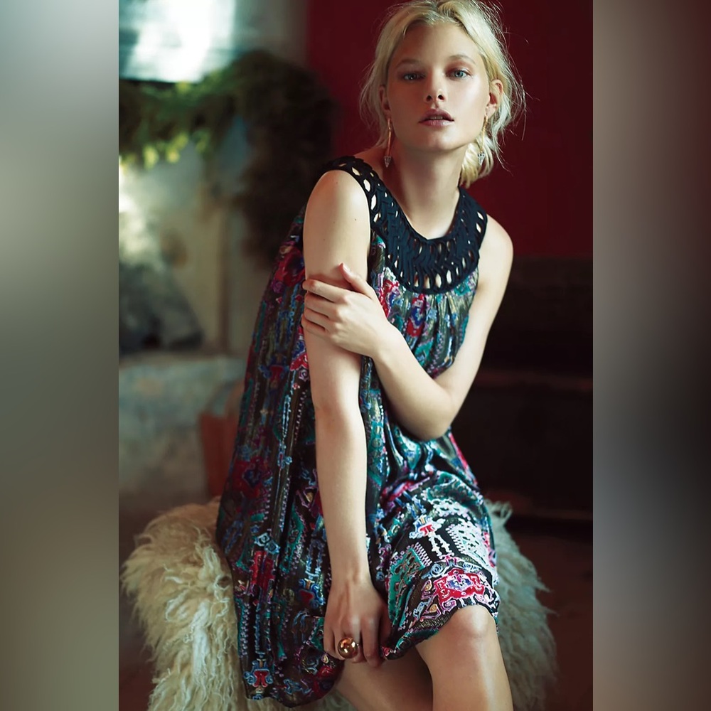 Moulinette Soeurs Anthropologie Linnea Silk Burnout Velvet Metallic Swing Dress